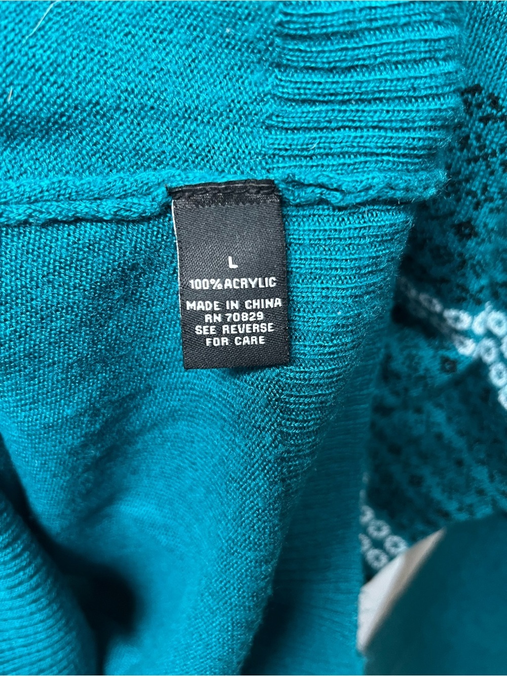 Carbon Teal Crewneck Hoodie Sweater with Striped Fair Isle Bands lightweight - Picture 4 of 5